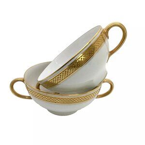 2 Limoges France W.G. & Co. Footed Bouillion Soup Cups Gold Bands Pattern GUE119